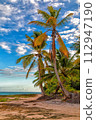 View of nice tropical beach with palms around. Holiday and vacation concept. Tropical beach. 112947190