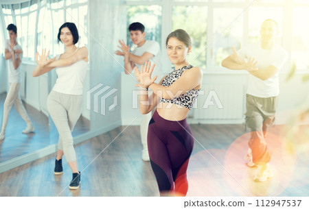 Girl with team of young like-minded people learn to dance modern dances Girl with team of young like-minded people learn to dance modern dances 112947537