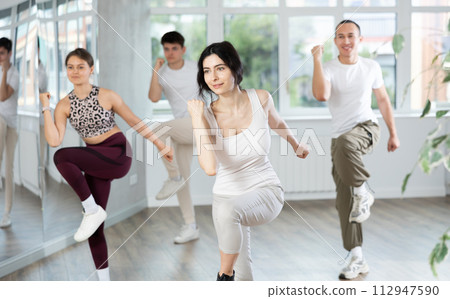 Young sports girl rehearsing modern dances during group training in dance studio Young sports girl rehearsing modern dances during group training in dance studio 112947590