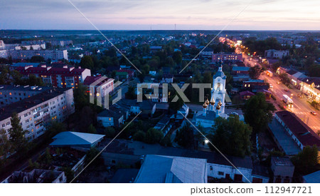 Night aerial view of Pokrov Cathedral of Intercession and M7 highway Night aerial view of Pokrov Cathedral of Intercession and M7 highway 112947721