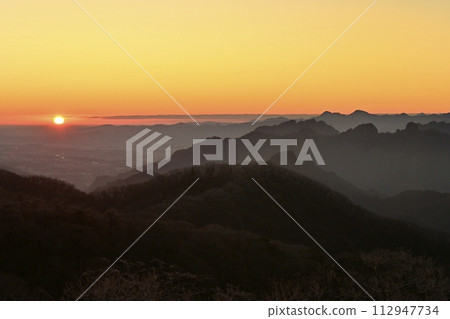 Myogi Mountain Range at sunrise from Karuizawa Old Usui Pass Lookout Myogi Mountain Range at sunrise from Karuizawa Old Usui Pass Lookout 112947734