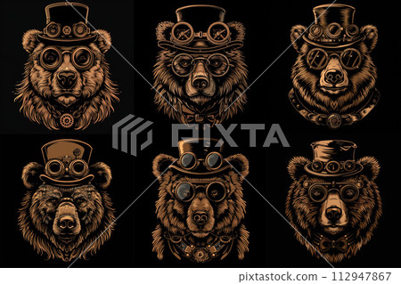 Adorable Steampunk Companion. Bear in Stylish Costume 112947867