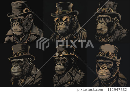 Fantasy Ape. Stylish Steampunk Gorilla with Hat and Goggles Fantasy Ape. Stylish Steampunk Gorilla with Hat and Goggles 112947882