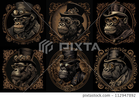 Punk Primate. Steampunk Gorilla Strutting in Hat and Goggles 112947892