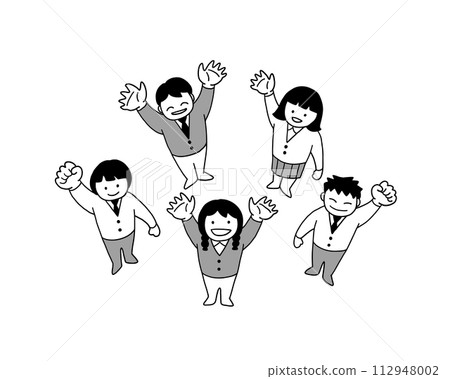 Line drawing illustration of people in suits waving upwards, black and white Line drawing illustration of people in suits waving upwards, black and white 112948002