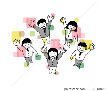 Colored line drawing illustration of people in suits waving their hands upwards Colored line drawing illustration of people in suits waving their hands upwards 112948003