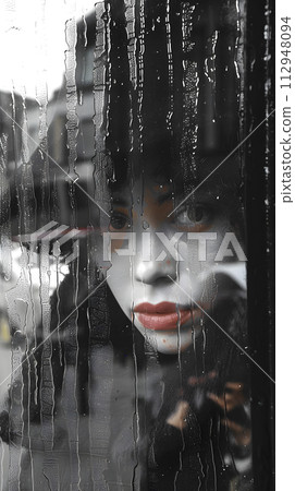 AI-generated content. A blackhaired womans face, with bold lipstick and long eyelashes, is reflected in a window of a building. She looks like a fictional character from a dark movie or piece of art 112948094
