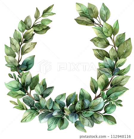 AI-generated content. A wreath made of evergreen terrestrial plant leaves, twigs, and flowering plants on a white background. Perfect as a Christmas decoration or as a porcelain dishware ornament 112948116