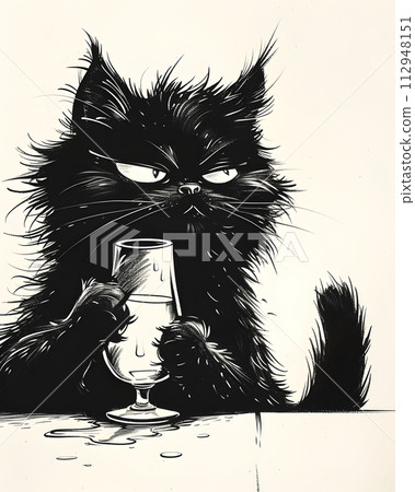 AI-generated content. A member of the Felidae family, the black cat is sitting at a table, holding a glass of wine. Its eyes are focused, whiskers twitching, giving a mysterious and artistic gesture 112948151