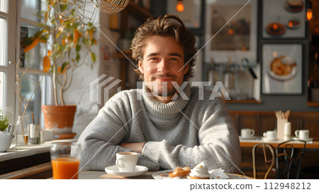 AI-generated content. A man is seated at a table in a restaurant with tableware while enjoying a cup of coffee and a refreshing glass of orange juice, smiling as he looks at the bay breeze plant 112948212