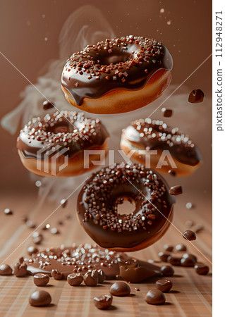 AI-generated content. A group of chocolate donuts are cascading onto a wooden table, showcasing the sweet and indulgent treat that is a staple dessert for many 112948271