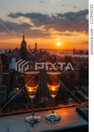 AI-generated content. Two stemware glasses of amber wine resting on a table, overlooking the city skyline during sunsets afterglow AI-generated content. Two stemware glasses of amber wine resting on a table, overlooking the city skyline during sunsets afterglow 112948283