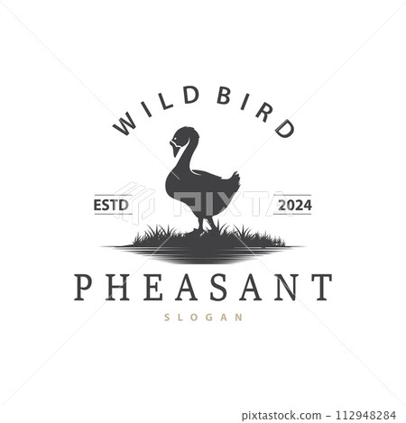 Stork Bird Logo, Heron, Grass, And River Design, Vector Simple Template illustration 112948284
