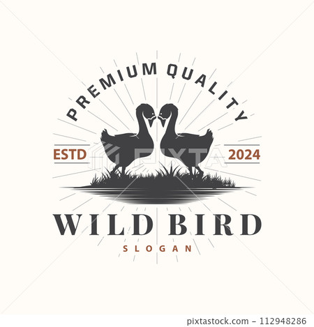 Stork Bird Logo, Heron, Grass, And River Design, Vector Simple Template illustration 112948286