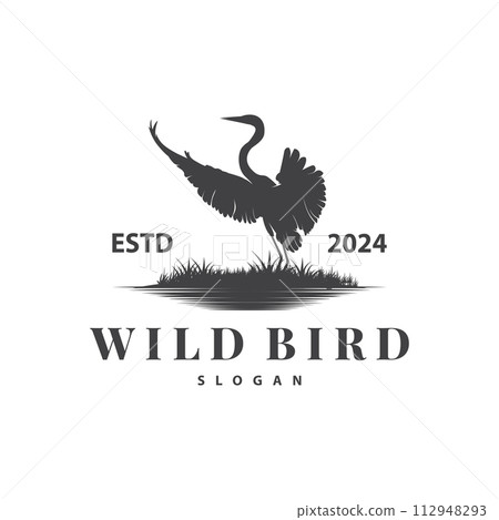 Stork Bird Logo, Heron, Grass, And River Design, Vector Simple Template illustration 112948293