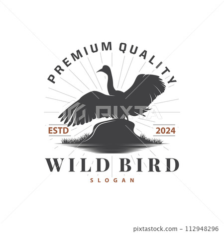 Stork Bird Logo, Heron, Grass, And River Design, Vector Simple Template illustration Stork Bird Logo, Heron, Grass, And River Design, Vector Simple Template illustration 112948296