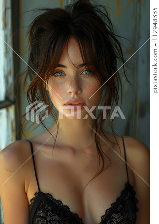 AI-generated content. A woman with black hair and layered hair is wearing a black lace bra lingerie top, standing in front of a window, showcasing her chest and abdomen AI-generated content. A woman with black hair and layered hair is wearing a black lace bra lingerie top, standing in front of a window, showcasing her chest and abdomen 112948335