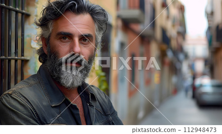 AI-generated content. A man with facial hair, a beard, and a moustache is standing on a city street lined with buildings and asphalt. He appears to be a traveler exploring the urban art scene 112948473
