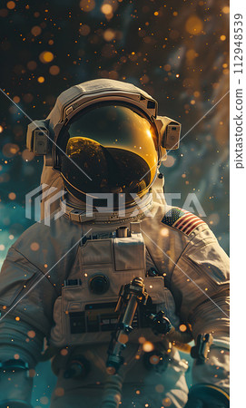 AI-generated content. Astronaut donning personal protective equipment, including a helmet, while in space for science exploration and recreation. Similar to a terrestrial animal using underwater gear 112948539