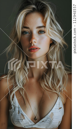 AI-generated content. A fashion model with layered blond hair and a white bra is gazing confidently at the camera, showcasing her electric blue necklace. The image captures a moment of art and AI-generated content. A fashion model with layered blond hair and a white bra is gazing confidently at the camera, showcasing her electric blue necklace. The image captures a moment of art and 112948557