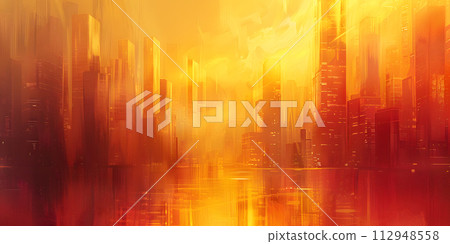 AI-generated content. The painting depicts a city engulfed in flames, with fiery amber and orange hues against a natural landscape. Tints and shades of wood and peach create a heatfilled sunrise on 112948558