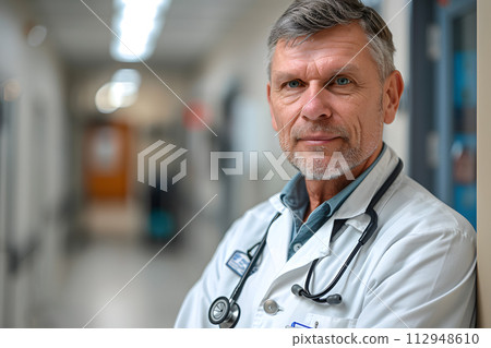 AI-generated content. A doctor in a whitecollar job, wearing a dress shirt with electric blue sleeves and a stethoscope around his neck, standing in a hospital hallway 112948610
