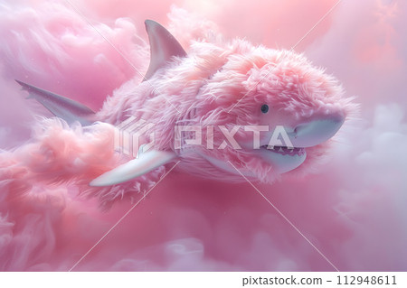 AI-generated content. A pink stuffed shark with whiskers and a snout is gracefully floating in the pink clouds, resembling a fawn in its gentle gesture 112948611