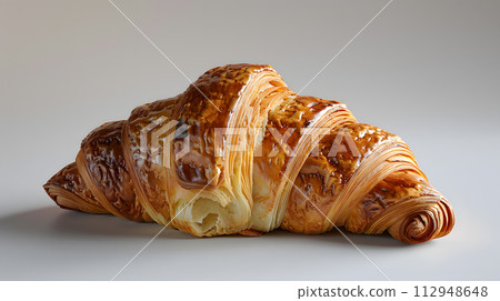 AI-generated content. A closeup image of a croissant, a delicious baked good made from flaky dough. This French cuisine dish is a popular fast food breakfast or dessert, with a buttery shell and 112948648