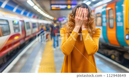 AI-generated content. A woman in a yellow dress is standing at the train station, covering her face. Trains, rolling stock, and passengers are common sights in this mode of transport and leisure 112948649