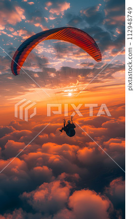 AI-generated content. A person is soaring above the clouds while parasailing during sunset, with the sky painted in shades of orange and the afterglow creating a stunning atmosphere 112948749