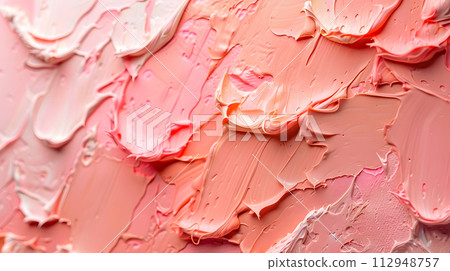 AI-generated content. A detailed view of a brush stroke with pink paint on a white canvas, resembling the softness and sweetness of a ripe peach against a landscape of rocks and soil 112948757