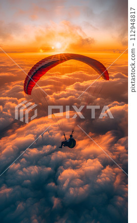 AI-generated content. Paragliding at dusk, soaring over clouds as the sunlight fades. The parachute floats gracefully in the evening sky, blending into the atmospheric beauty of nature 112948817