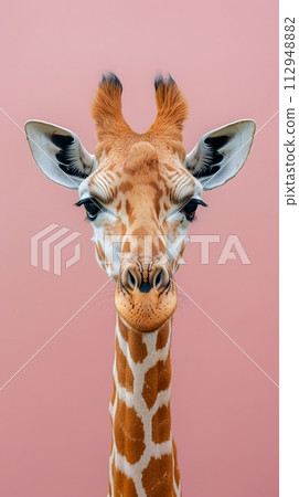 AI-generated content. A Giraffidae stands tall against a peachcolored background, gazing directly at the camera. Its distinctive patterned coat and long snout are captivating 112948882