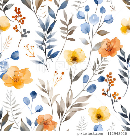AI-generated content. A creative arts pattern featuring watercolor flowers and leaves on a white background. Perfect for textile designs, dishware, or sleeve art 112948926