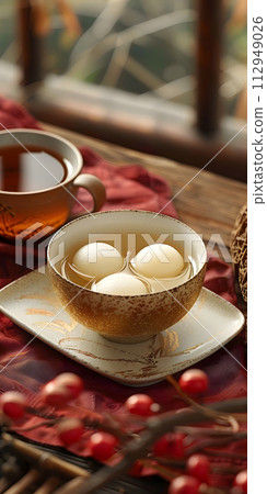 AI-generated content. A warm cup of tea and a comforting bowl of soup sit on a table, perfect for a cozy meal. The table is set with food and serveware to enjoy the delicious dishes 112949026