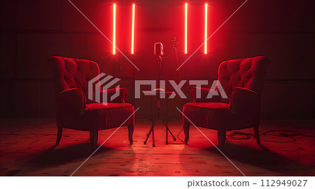 AI-generated content. Two red chairs are placed together on the empty stage in a dark room with magenta lighting, creating a dramatic atmosphere for an entertainment event 112949027