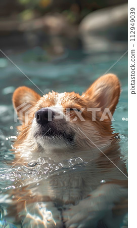 AI-generated content. A corgi, a small carnivorous dog breed in the Sporting Group, is swimming in a pool with its eyes closed, showcasing its fawn coat and whiskers AI-generated content. A corgi, a small carnivorous dog breed in the Sporting Group, is swimming in a pool with its eyes closed, showcasing its fawn coat and whiskers 112949039