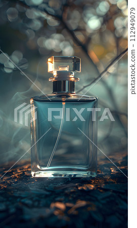 AI-generated content. A glass bottle filled with liquid perfume sits on a wooden table, emitting a faint fragrance. The fluid inside is a solution of gas and tintsshades 112949079