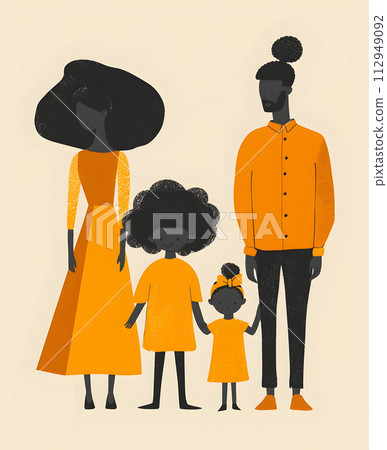AI-generated content. A cartoon illustration of a family with different hairstyles, standing holding hands. They are wearing hats, with various gestures and sleeve lengths 112949092