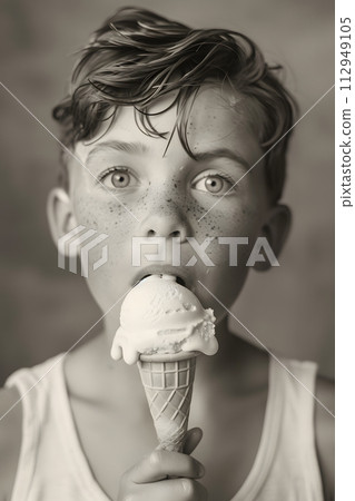 AI-generated content. A young boy is indulging in a sweet ice cream cone in a monochrome photography, with the dessert held close to his head as he enjoys the creamy goodness and satisfies his food 112949105