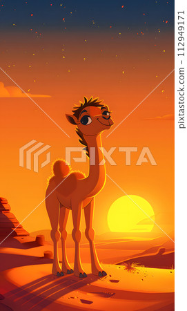AI-generated content. A majestic camel, a terrestrial animal belonging to the Camelid family, stands in the desert at sunset, against a breathtaking landscape of the sky and nature AI-generated content. A majestic camel, a terrestrial animal belonging to the Camelid family, stands in the desert at sunset, against a breathtaking landscape of the sky and nature 112949171