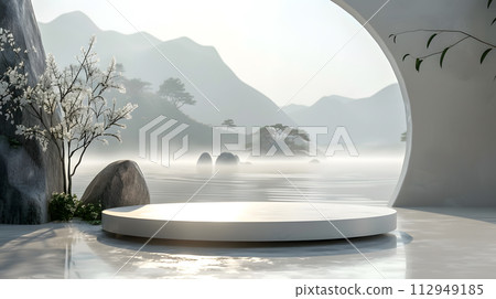 AI-generated content. A white podium set against a backdrop of a serene lake, majestic mountains, and lush green trees, creating a stunning natural landscape 112949185