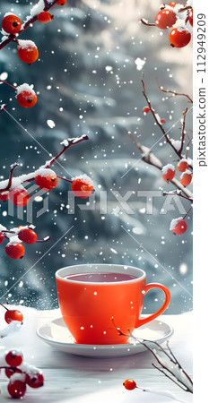 AI-generated content. A cup of hot tea rests on a saucer atop a table, with a snowy tree in the background, creating a peaceful winter scene AI-generated content. A cup of hot tea rests on a saucer atop a table, with a snowy tree in the background, creating a peaceful winter scene 112949209