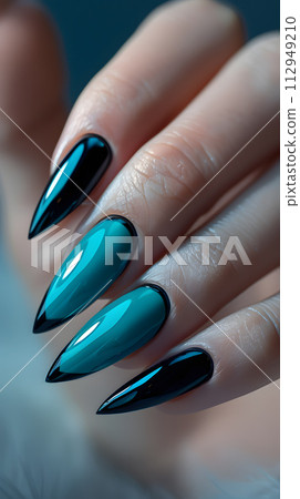 AI-generated content. A closeup of a womans hand revealing long nails painted with a liquid azure and black nail polish. This gesture showcases her impeccable nail care and manicure skills 112949210