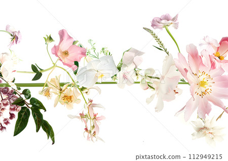 AI-generated content. An artistic arrangement of pink and white flowers, showcasing the beauty of nature through creative arts. The delicate petals and branches bring a touch of elegance to any space 112949215