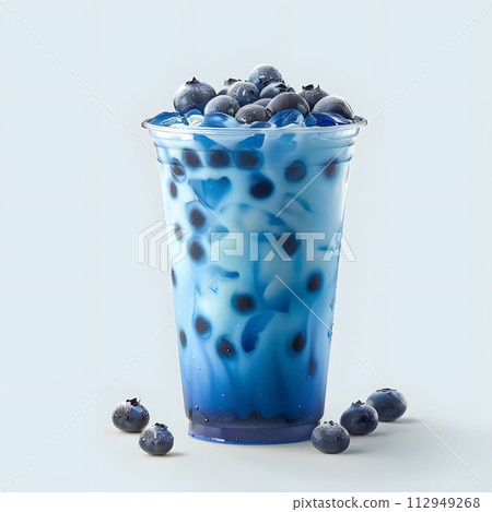AI-generated content. An electric blue glass filled with a delicious blueberry milkshake, garnished with fresh blueberries on top 112949268