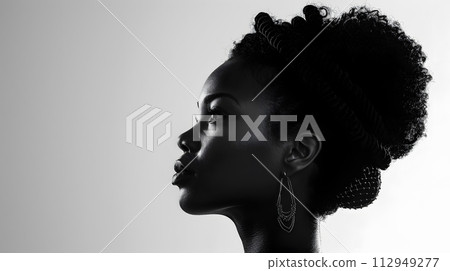 AI-generated content. A monochrome photo capturing a woman with curly hair and earrings, showcasing a happy gesture. Her jheri curl and eyewear add an artistic touch to the image 112949277