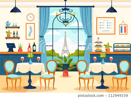French Cuisine Restaurant Vector Illustration with Various Traditional or National Food Dish of France on Flat Style Cartoon Background 112949339