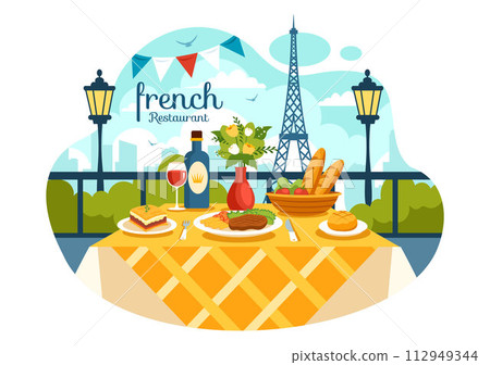 French Cuisine Restaurant Vector Illustration with Various Traditional or National Food Dish of France on Flat Style Cartoon Background French Cuisine Restaurant Vector Illustration with Various Traditional or National Food Dish of France on Flat Style Cartoon Background 112949344