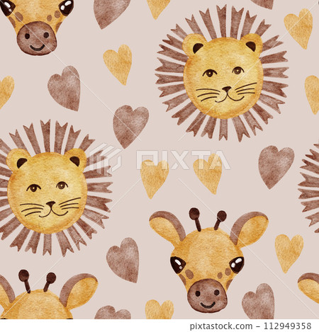 Hand drawn seamless pattern with watercolor african lions and giraffe. Cute beige brown heart, funny animal print for kids children nursery, ild wildlife zoo safari illustration, modern boho. 112949358